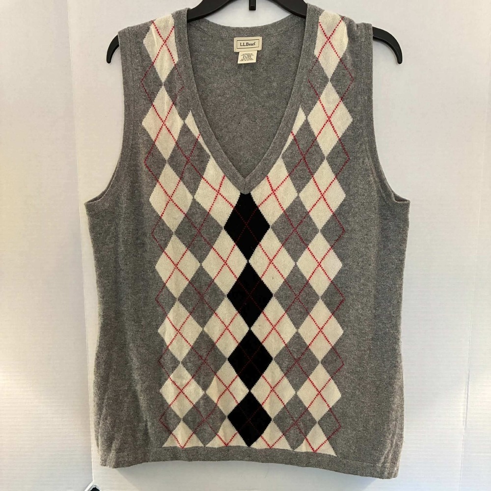 LL Bean 100% Cashmere Sweater Vest Womens XL Gray Argyle V Neck Preppy Classic